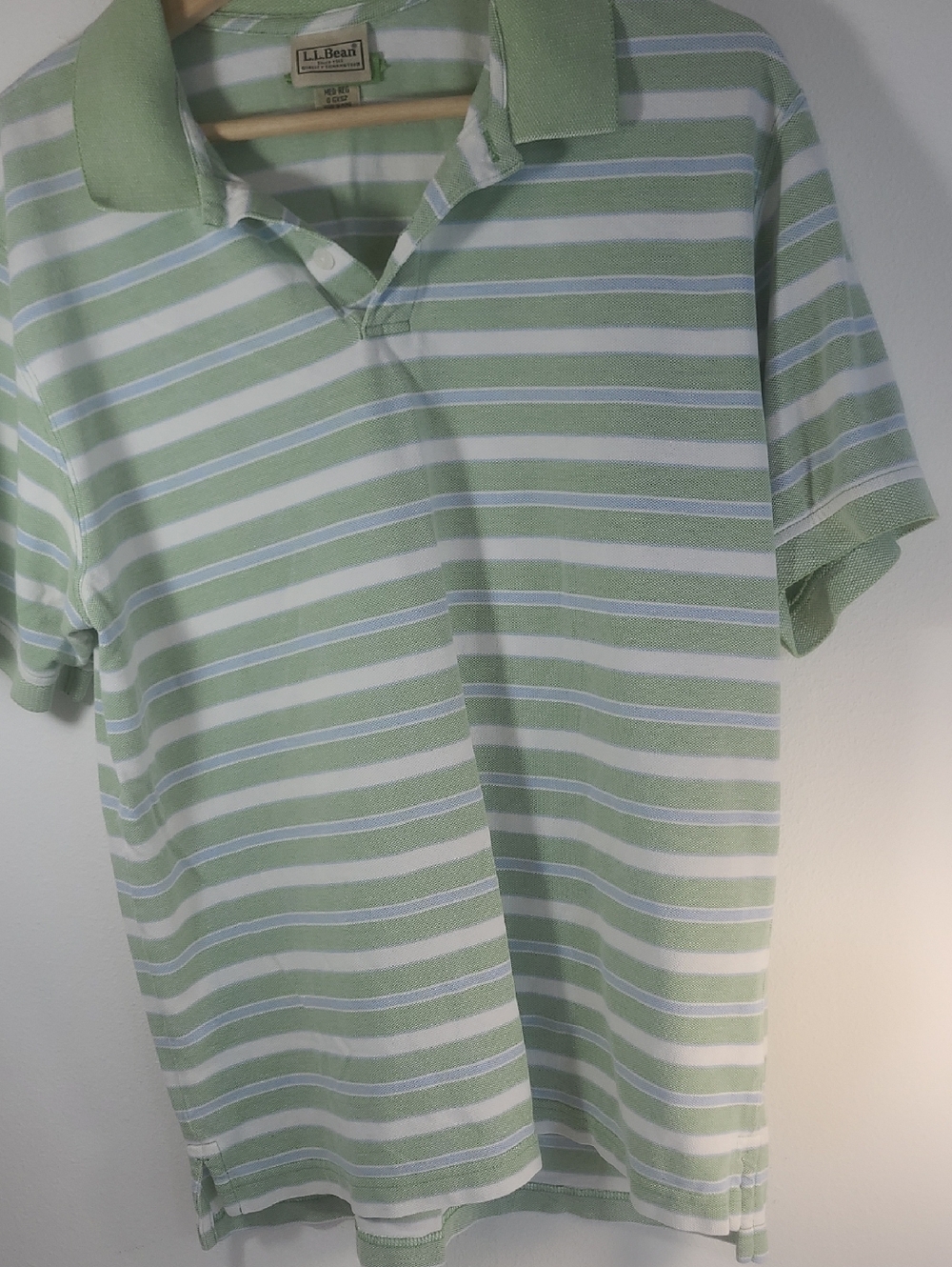 L.L. Bean Men's Pale Green and White Striped Polo Size Med-Reg 100% Cotton